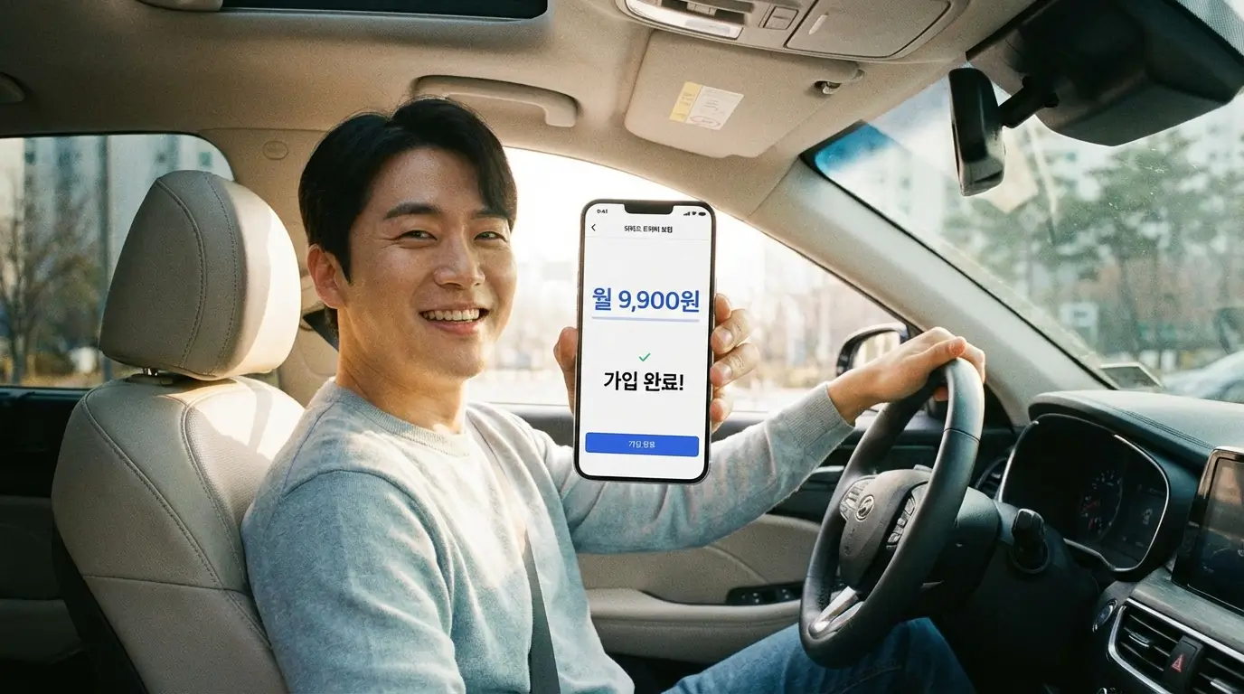 스마트폰으로 월 9,900원의 다이렉트 운전자 보험 가입을 완료하고 안심하며 미소 짓는 운전자의 모습