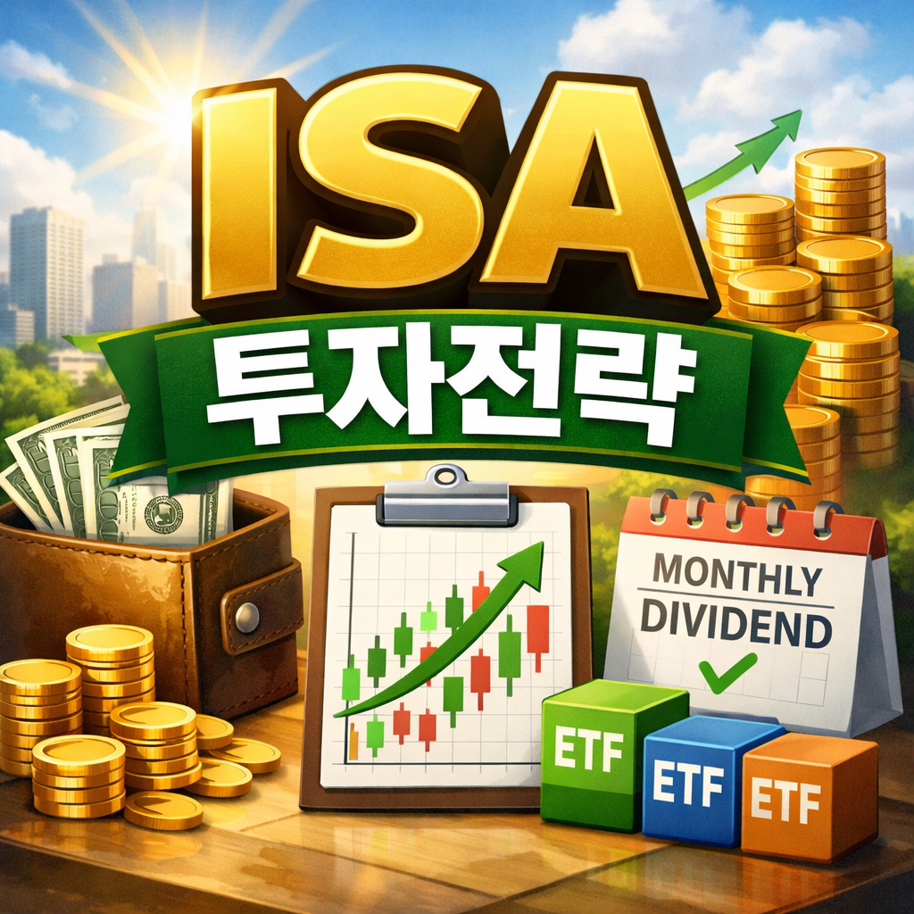 ISA 투자전략을 주제로 월배당 ETF와 분기배당 ETF 비교를 표현한 이미지, 금화와 지갑, 차트, ETF 블록이 배치된 썸네일