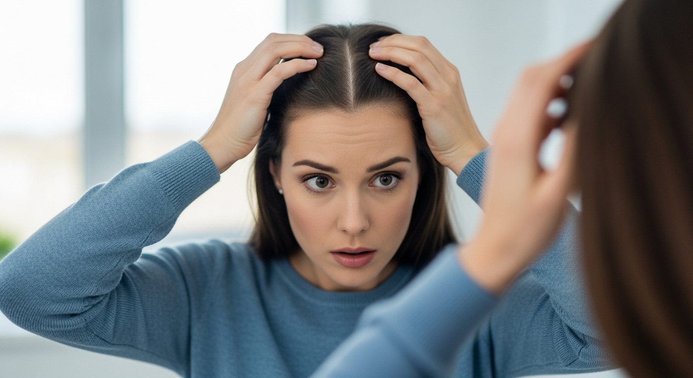 거울을 보며 정수리 가르마의 넓어짐을 확인하고 있는 20대 후반 여성의 모습. 탈모의 초기 증상을 걱정하는 표정입니다.