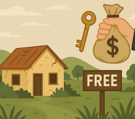 "시골 빈집을 공짜로 제공받는 정책을 표현한 일러스트, 낡은 집 옆에 'FREE' 표지판과 열쇠를 건네는 손이 있는 장면"