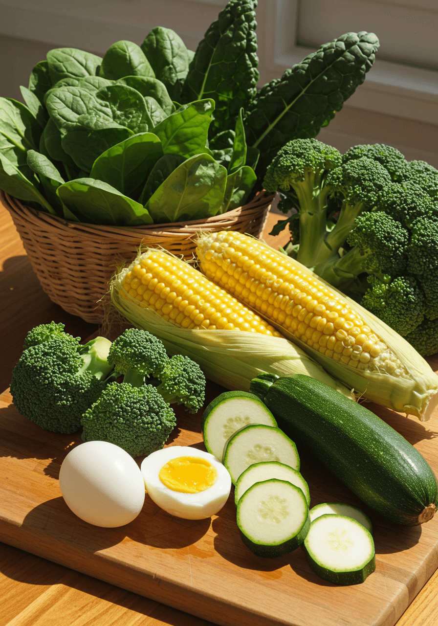 시금치, 케일, 브로콜리, 옥수수, 달걀, 단호박이 함께 놓인 루테인 풍부한 식재료 모음