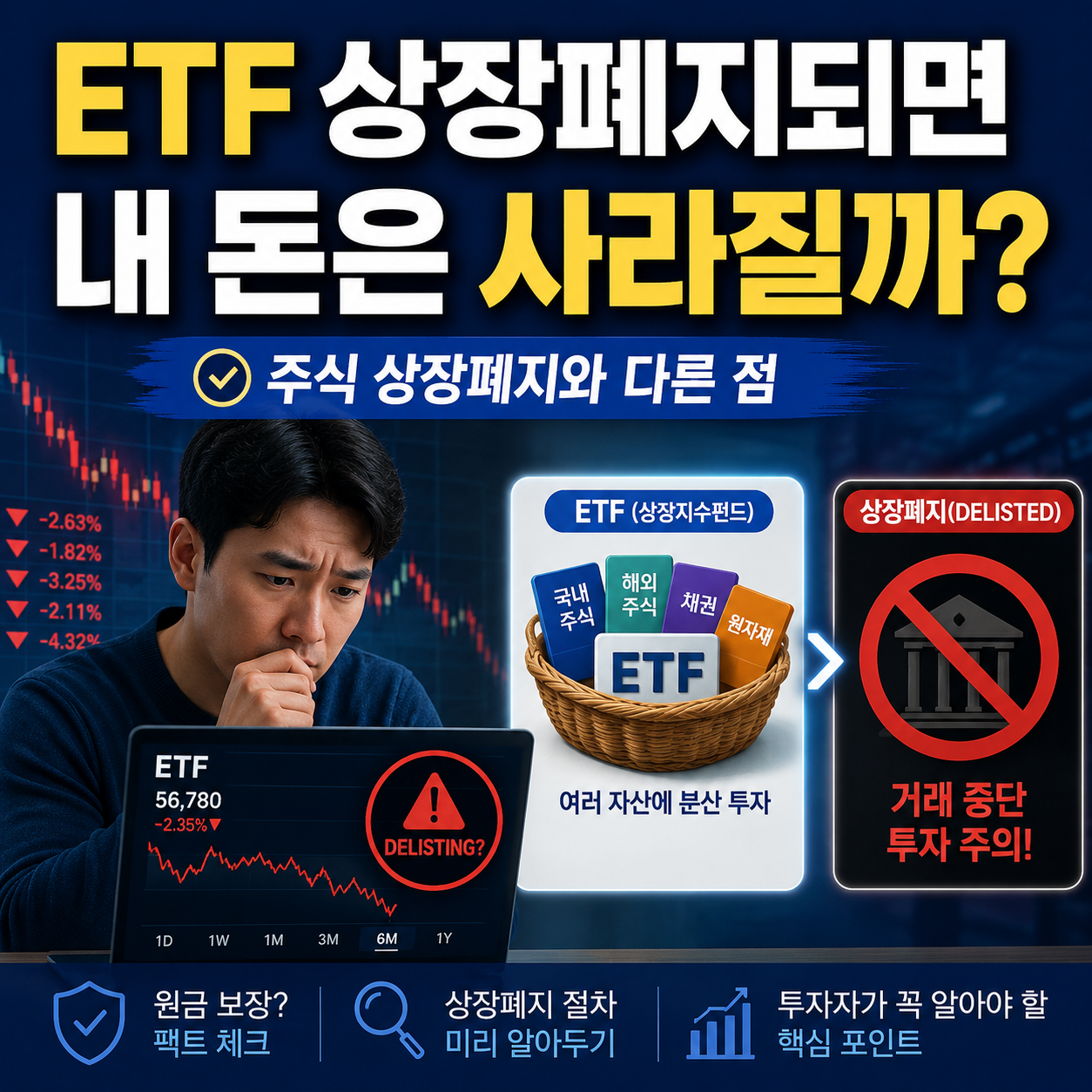 ETF 상장폐지되면 투자금이 사라지는지 궁금해하는 투자자와 하락 차트 이미지