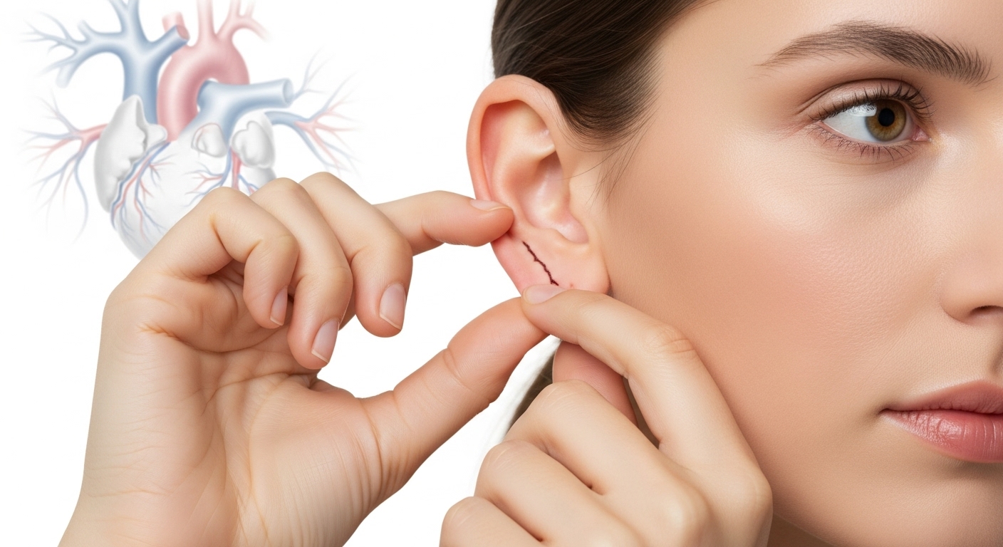 귓볼에 선명한 대각선 주름이 있는 모습과 배경에 흐릿하게 보이는 심장 이미지, 귓볼주름과 심혈관 건강의 연관성을 시사함.