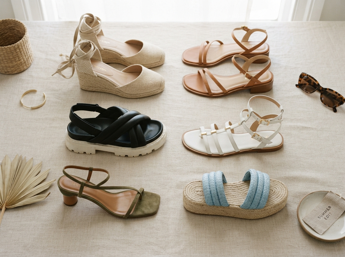 Flat lay of assorted summer sandals (wedge, strappy, chunky) on a light beige background, soft natural lighting, minimalist fashion editorial style