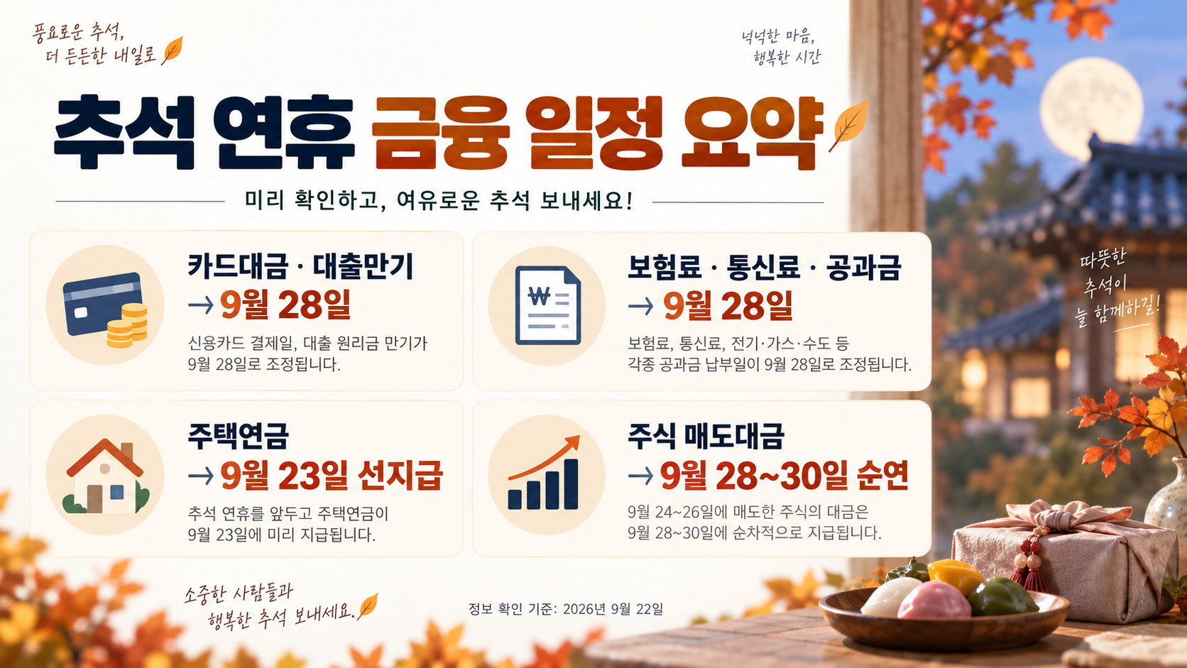 2026 추석 금융 일정 카드대금 예금 주택연금