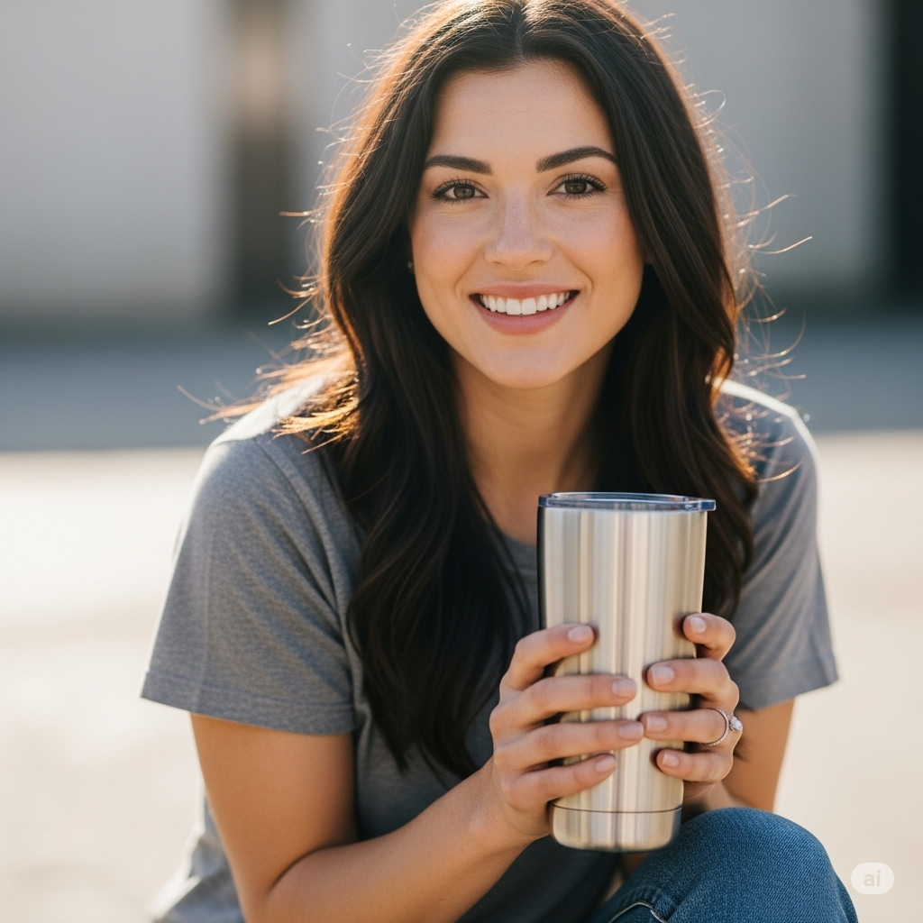 텀블러 사용하는 여자 사진