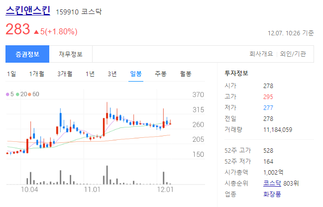 스킨앤스킨 주가