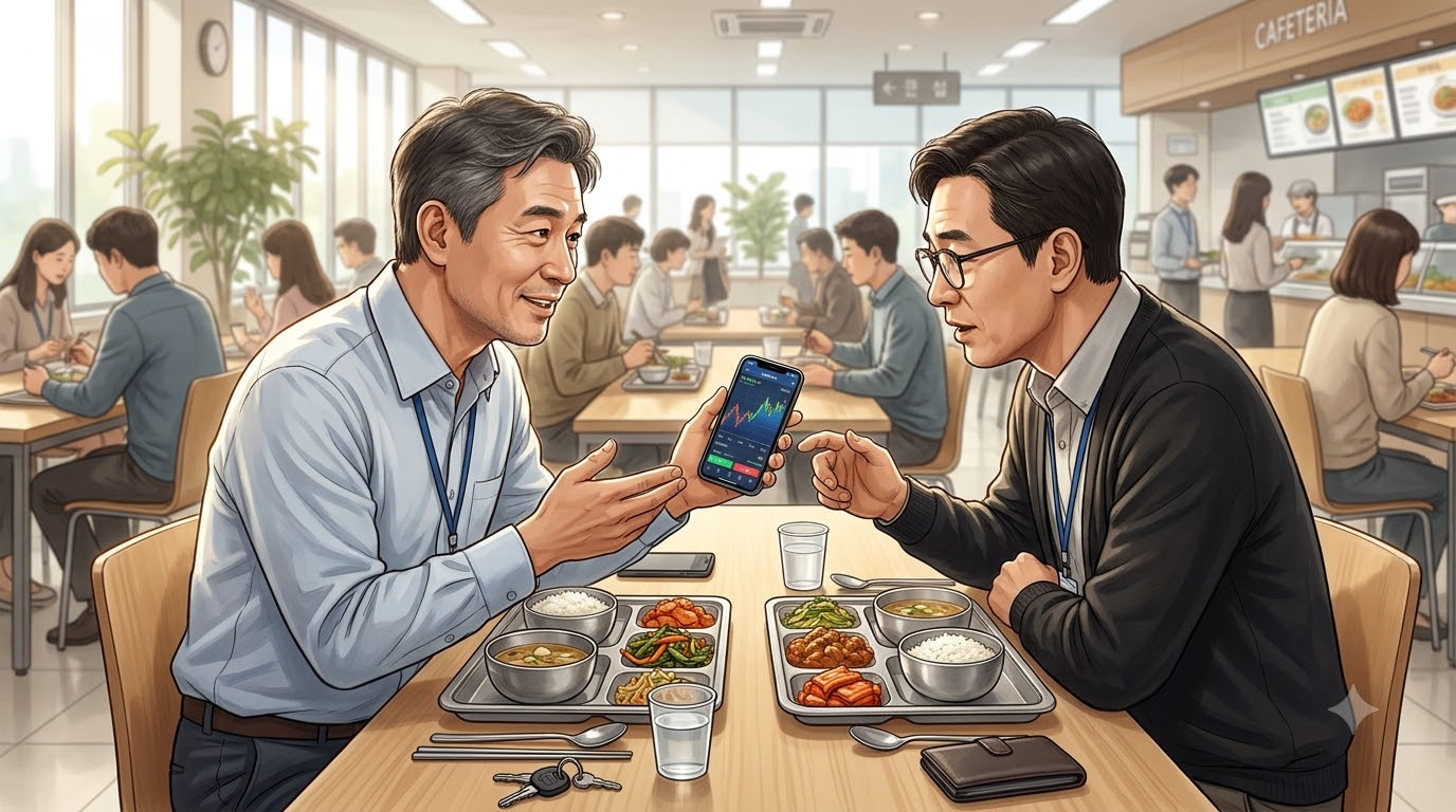 회사 구내식당에서 스마트폰 증권 앱을 보여주며 이야기하는 50대 직장인 두 사람