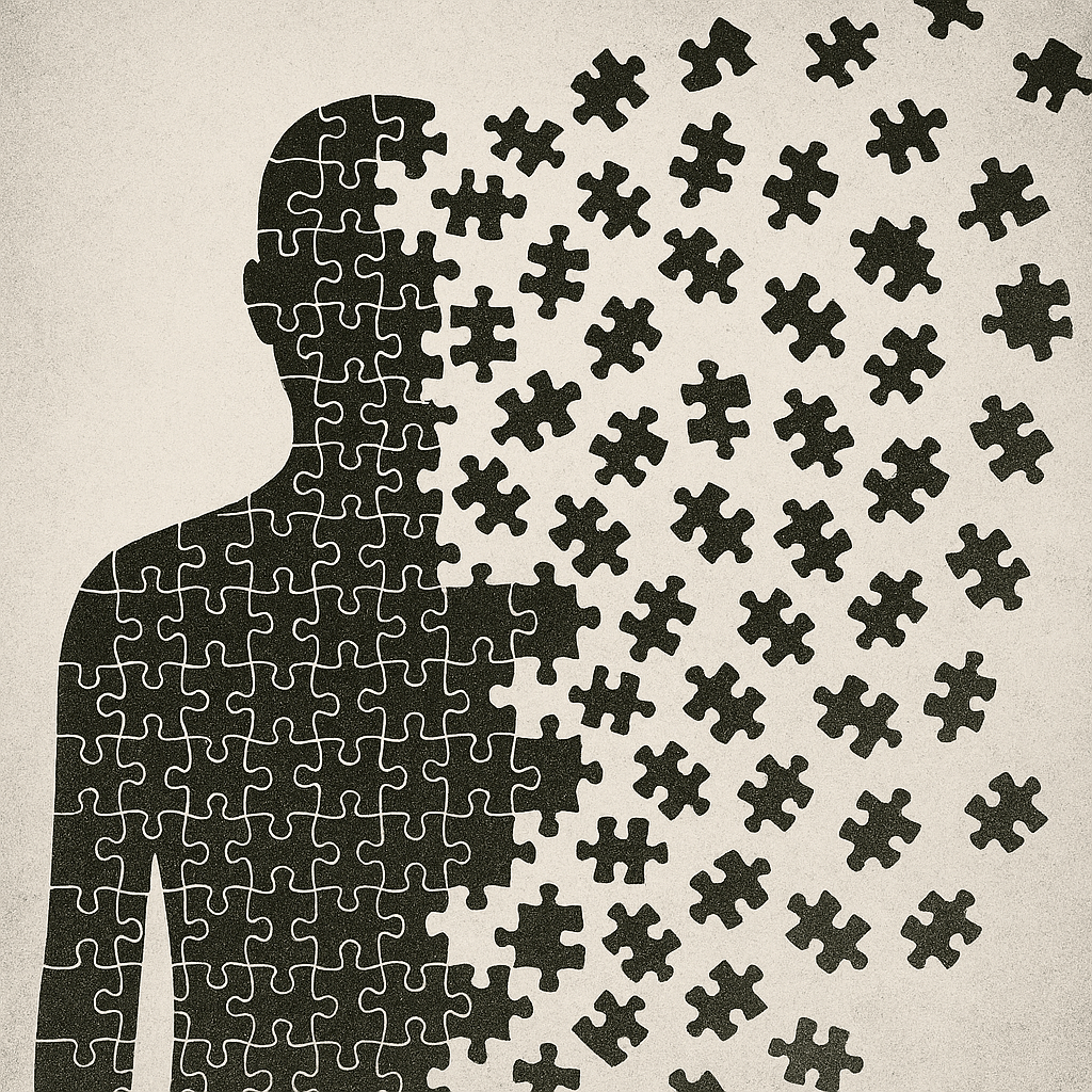 alt: 우주로 흩어지는 퍼즐 조각으로 된 인간 형상