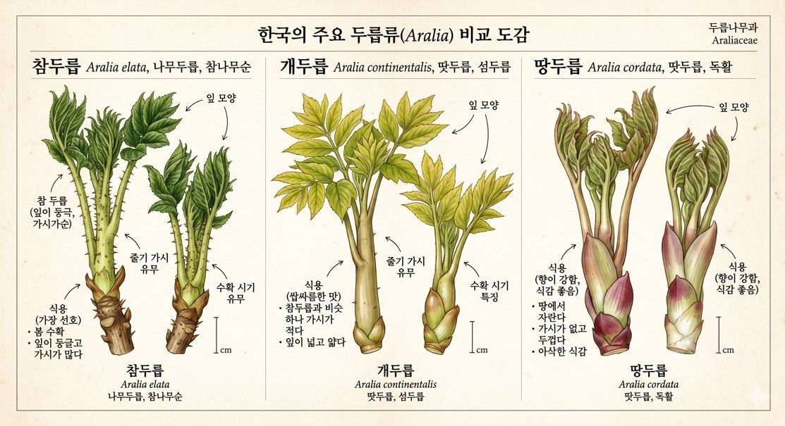 참두릅, 개두릅, 땅두릅 세 종류를 나란히 놓아 비교한 도감 스타일 이미지.