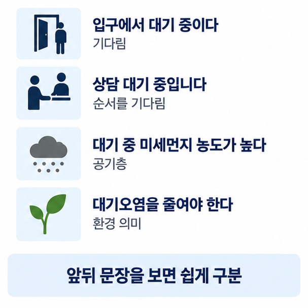 입구에서 대기 중이다와 대기 중 미세먼지 농도가 높다처럼 같은 표현이 문맥에 따라 다른 뜻이 되는 예시 이미지
