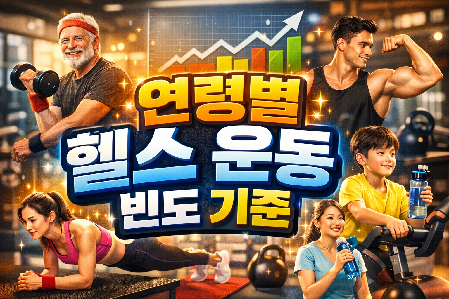 20대부터 60대까지 연령별로 헬스 운동 빈도 차이를 시각적으로 비교한 이미지, 연령별 헬스 운동 기준과 운동 빈도 변화를 설명하는 썸네일