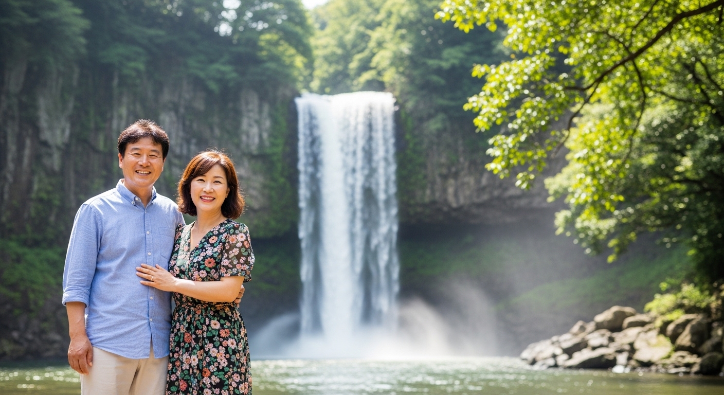 서귀포 폭포 앞서 사진 찍는 50대 부부