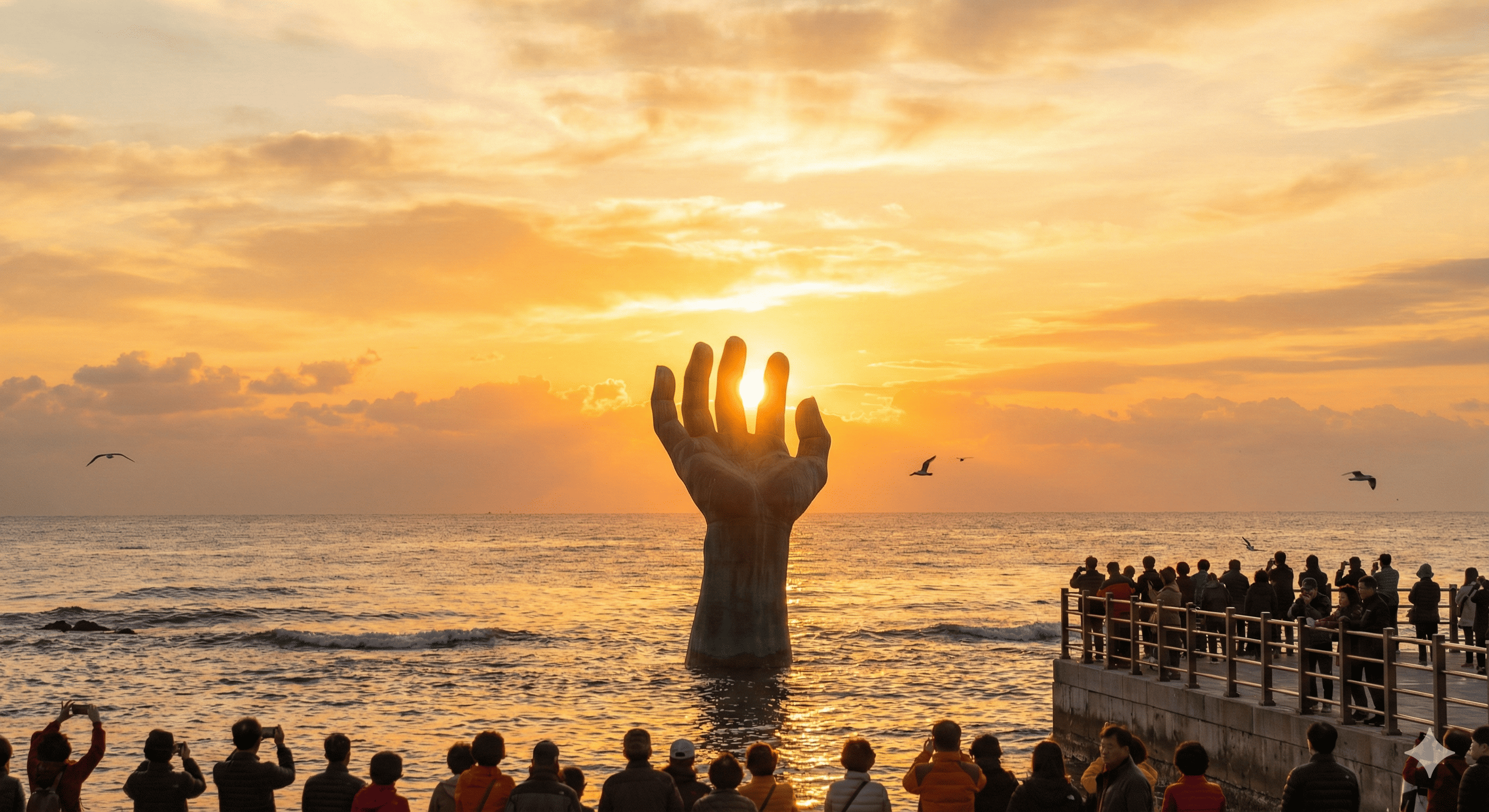 포항 호미곶 상생의 손 조형물 위로 떠오르는 일출