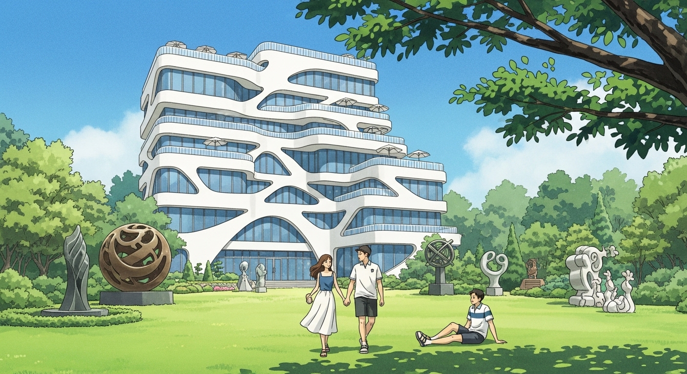 이옥진시인마을 제빵소의 넓은 정원에서 산책하는 30대 커플과 독특한 곡선 건물, 지브리 애니메이션 스타일 일러스트