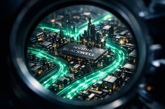 엔비디아 블랙웰 아키텍처의 미세 공정과 AI 데이터 처리 흐름을 시각화한 이미지