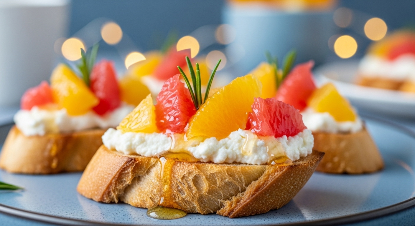 상큼한 감귤 과육과 부드러운 리코타 치즈가 올라간 바게트 카나페 클로즈업