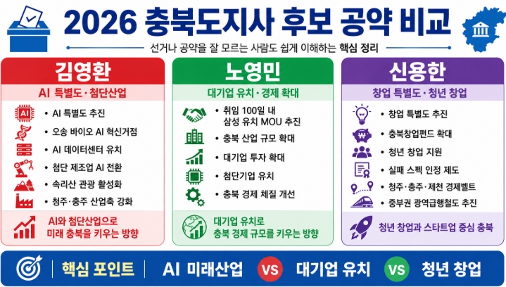 2026 충북도지사 후보 공약 비교 김영환 노영민 신용한 핵심정리