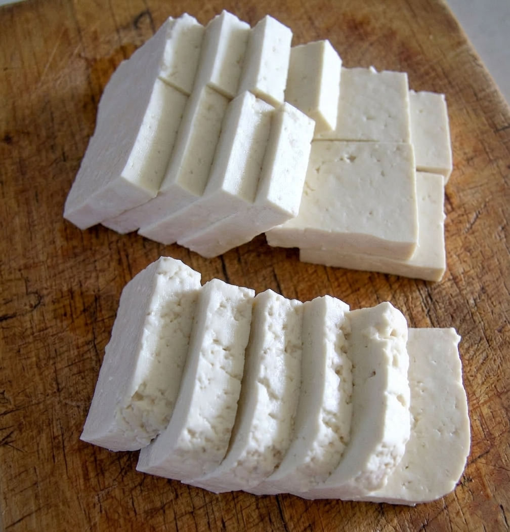나무도마위에 잘라진 두부
