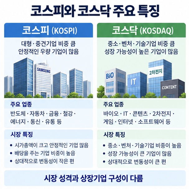 코스피와 코스닥의 시장 성격, 대표 업종, 지수, 일반적인 특징을 표로 비교한 이미지