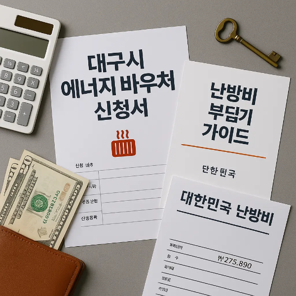 대구시 에너지 바우처 신청서, 난방비 고지서, 부담 줄이기 가이드, 계산기, 지갑, 열쇠가 정돈된 스튜디오컷 이미지