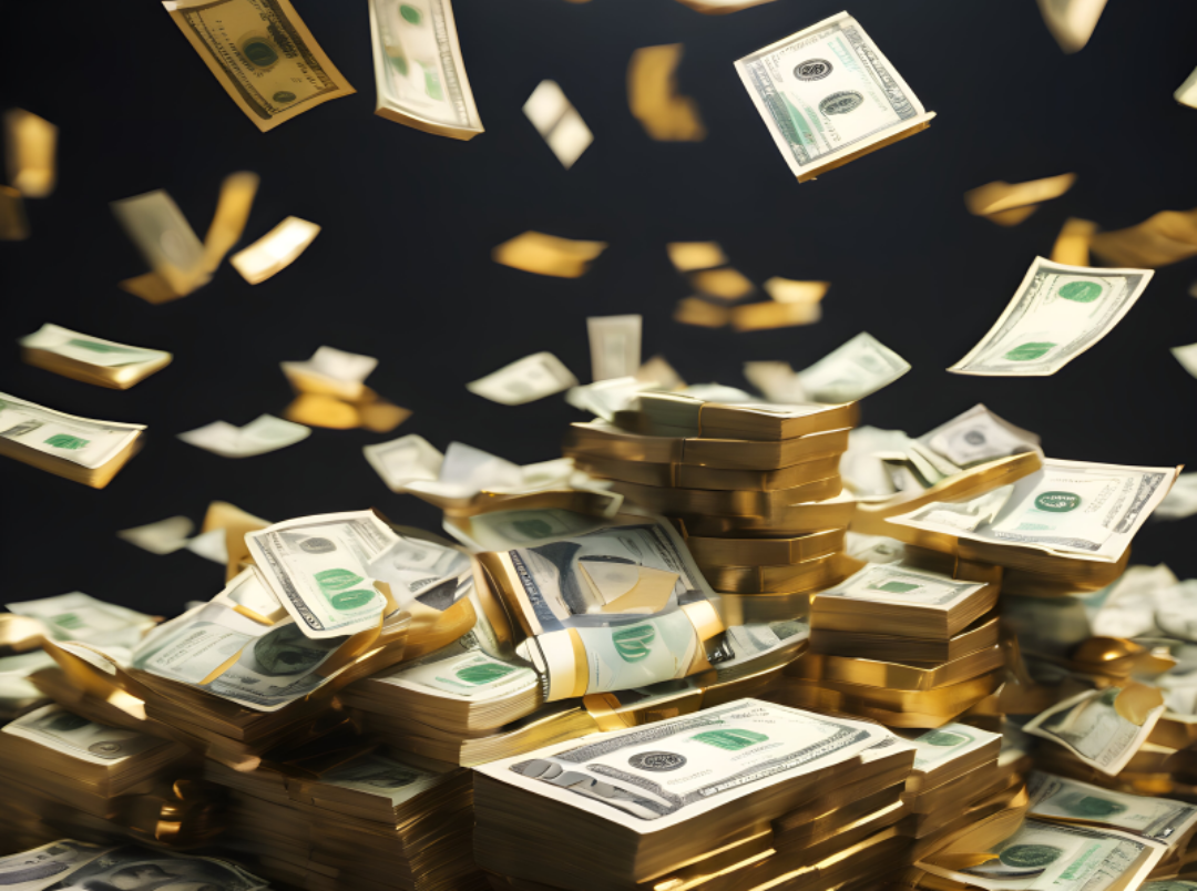 돈다발이 잔뜩 쌓여 있다.