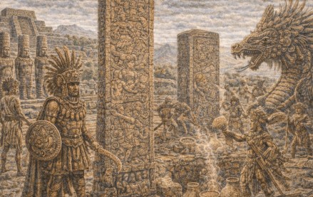 중앙 멕시코 톨텍 문명의 비석에 새겨진 전사 조각과 신화 상징을 표현한 사진