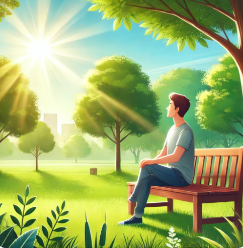 공원벤치에 앉아서 편안하게 햇빛을 쬐고 있는 남성의 모습