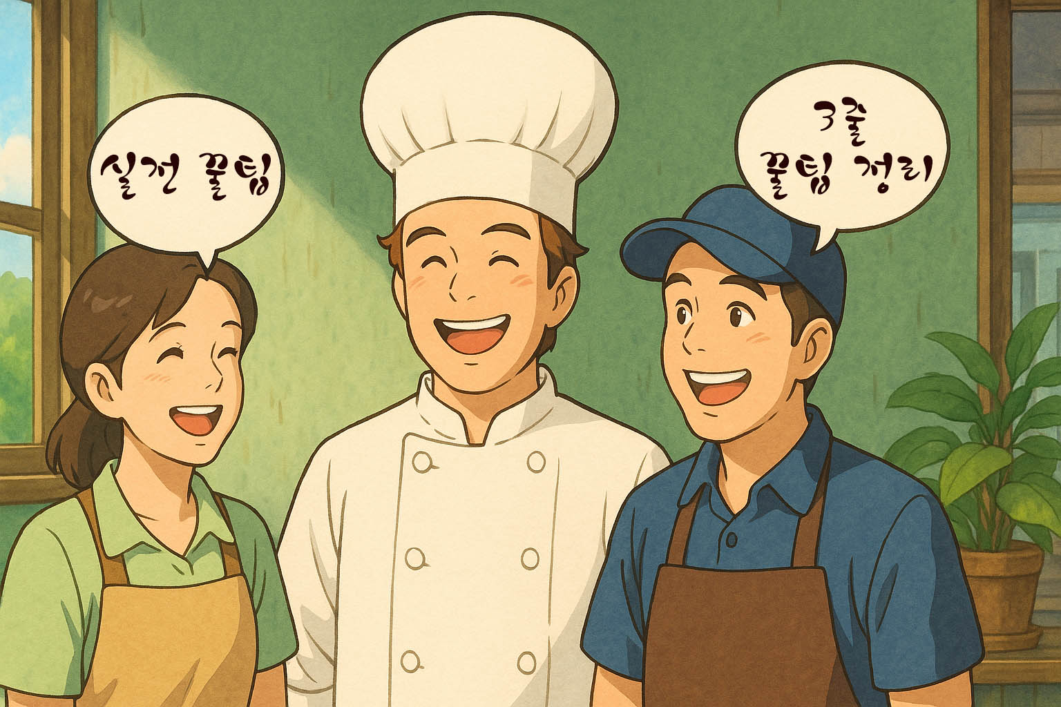 환하게 웃는 세 명의 소상공인, 주방장 모자 쓴 인물 포함. 두 명은 각각 ‘실전 꿀팁’, ‘3줄 꿀팁 정리’라고 적힌 말풍선을 들고 있음. 따뜻한 지브리풍 스타일.
