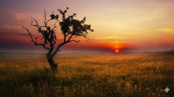노을이 지는 들판에 홀로 서 있는 나무의 실루엣
