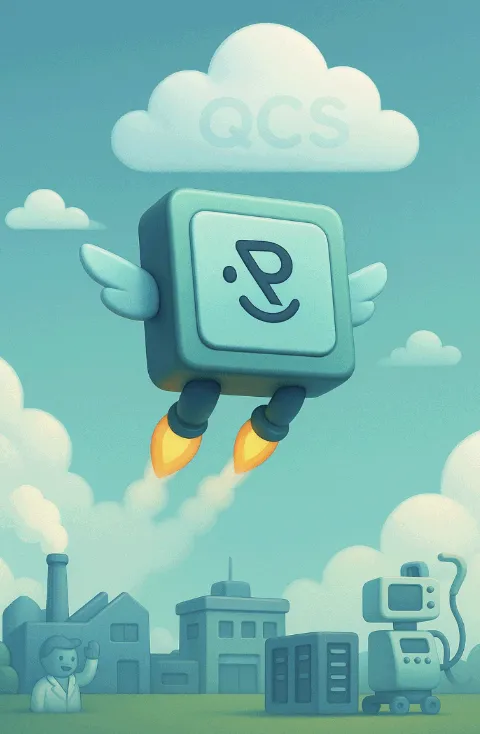 리게티 컴퓨팅 QCS 플랫폼을 상징하는 칩 캐릭터 일러스트. 날개와 제트 추진기를 단 칩이 하늘로 날아오르며, 산업 현장과 클라우드 환경을 연결하는 모습을 표현함 (Rigetti Computing QCS illustration)