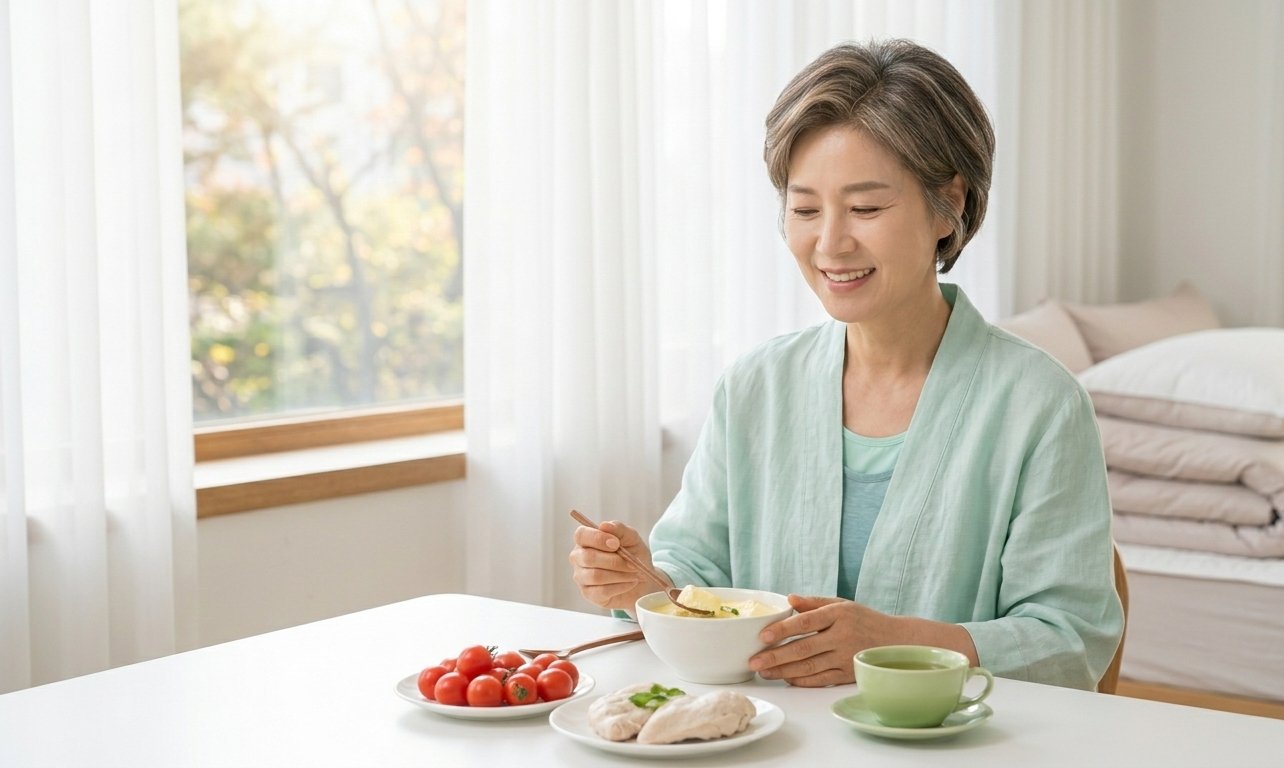아늑하고 깨끗한 한국 가정집에서 50대 여성(이미지_0의 인물과 동일)이 미소를 지으며 단백질 위주의 건강한 식사(두부, 닭가슴살, 토마토)를 즐기는 모습. 배경으로 편안한 침구가 보이며 질 좋은 수면과 영양 섭취를 강조함.