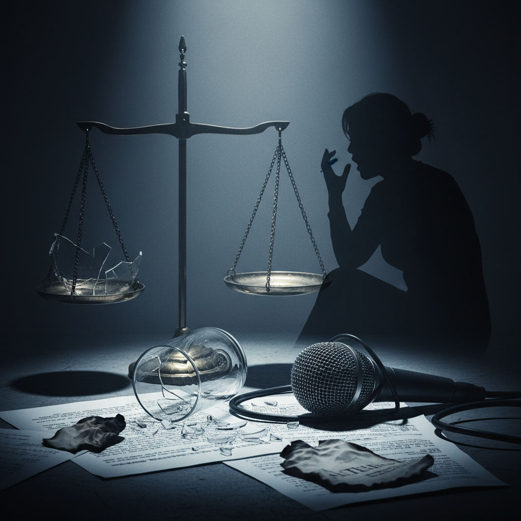 박나래와 유사한 유명 여성 코미디언의 어두운 실루엣이 배경에 위치하며, 전경에는 법정 저울, 깨진 술잔, 서류 더미, 그리고 불안한 모습의 방송용 마이크가 혼합된 추상적인 이미지가 표현되어 있습니다.