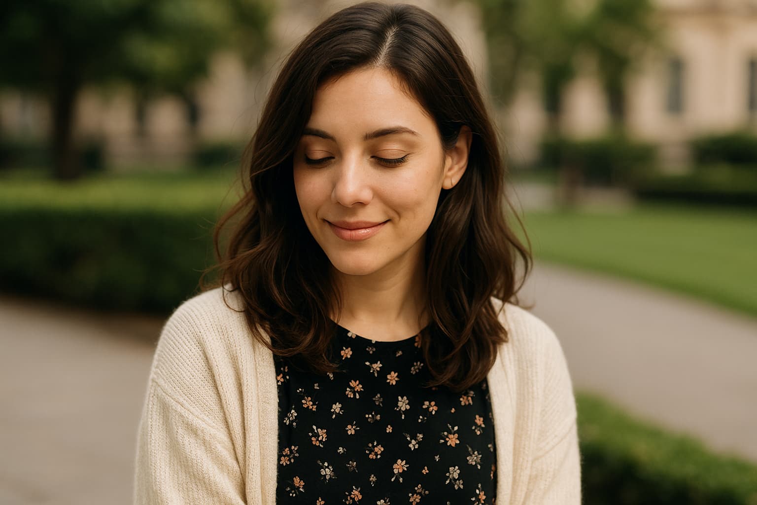 조용한 공원에서 눈을 감고 미소 짓는 여성, ISFP의 따뜻하고 내향적인 성향을 표현한 장면