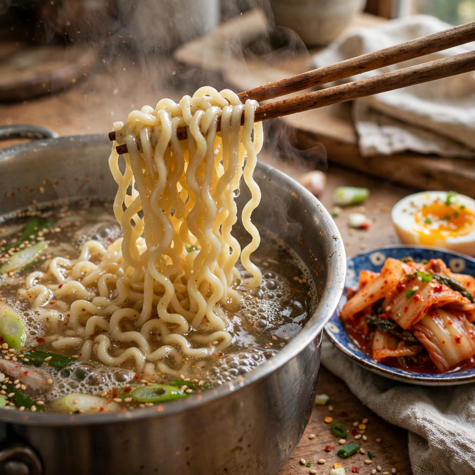 냄비에서 끓는 한국 라면, 반숙 계란과 김치를 곁들인 모습