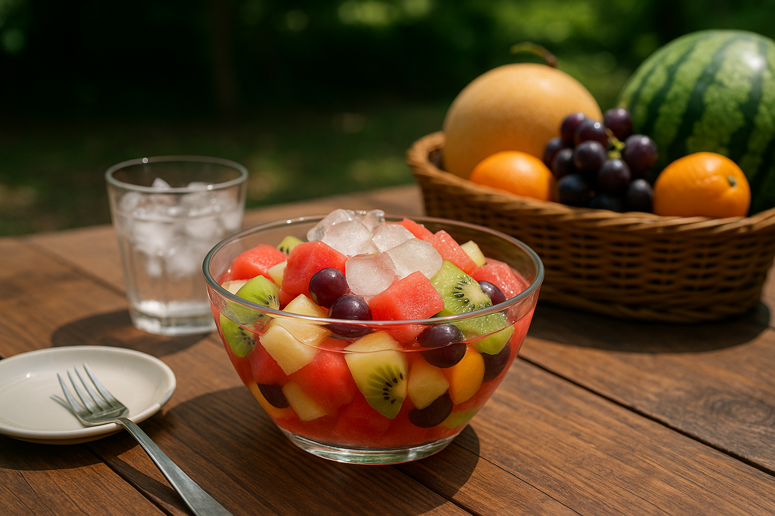 마당 테이블 위 화채와 과일 바구니, 얼음잔 구성