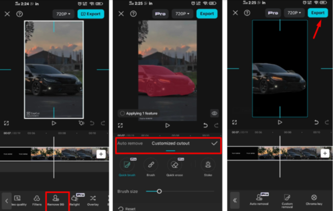alt="캡컷 자동 배경 제거 기능으로 인물 배경을 제거하는 모바일 편집 화면"