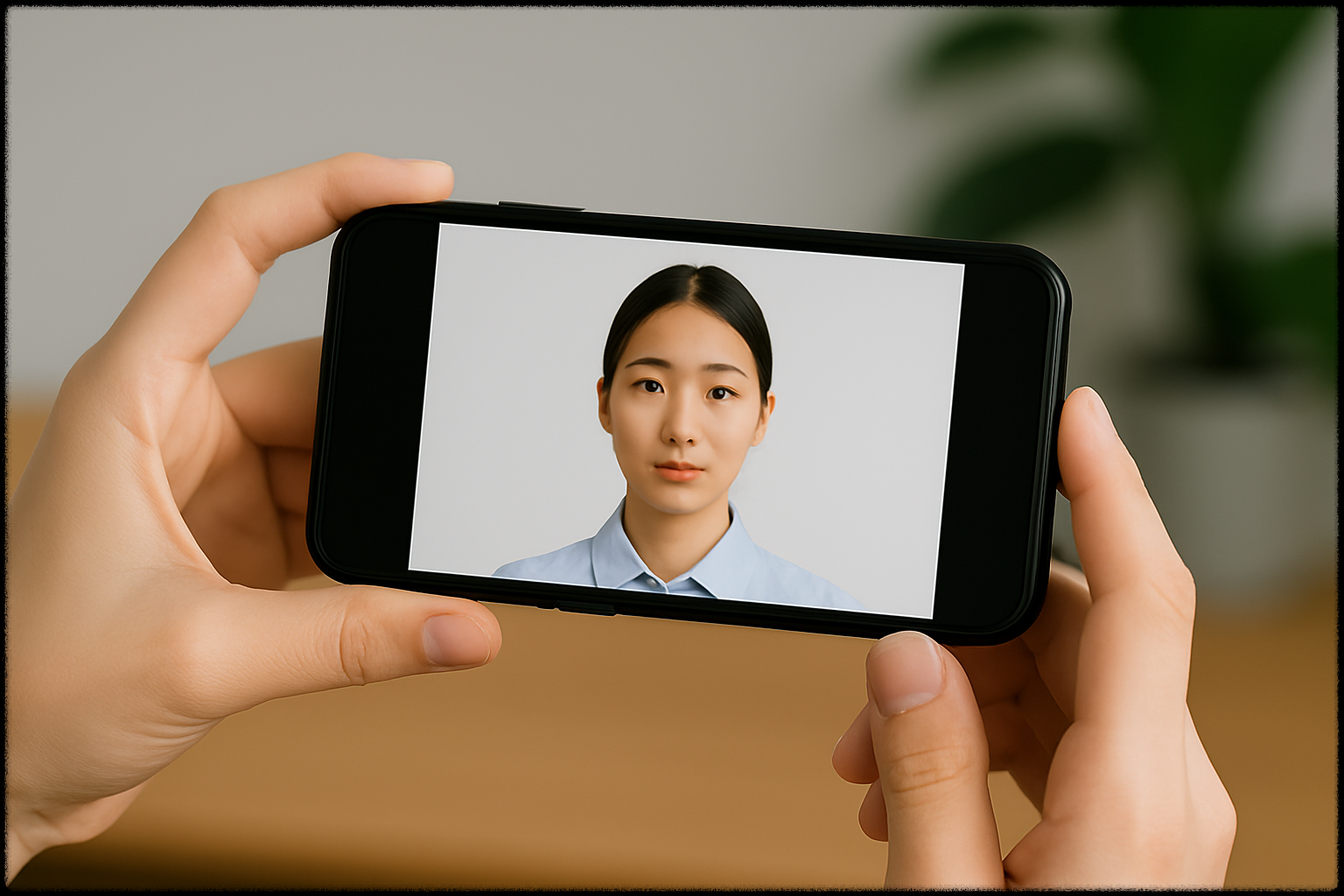 스마트폰을 사용해 셀프로 증명사진을 촬영하는 장면