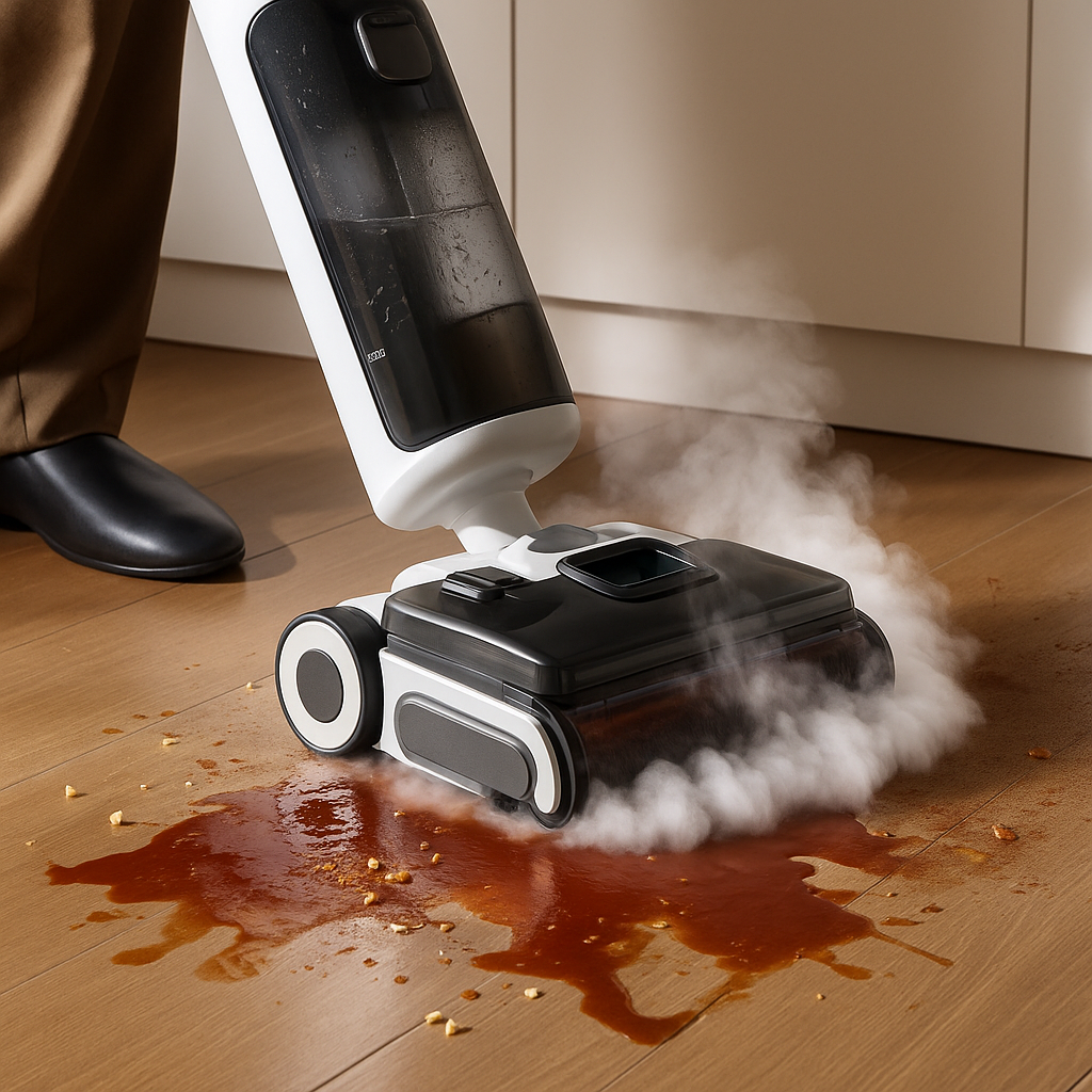 로보락 F25 울트라가 바닥 위의 소스를 고온 스팀으로 제거하는 장면