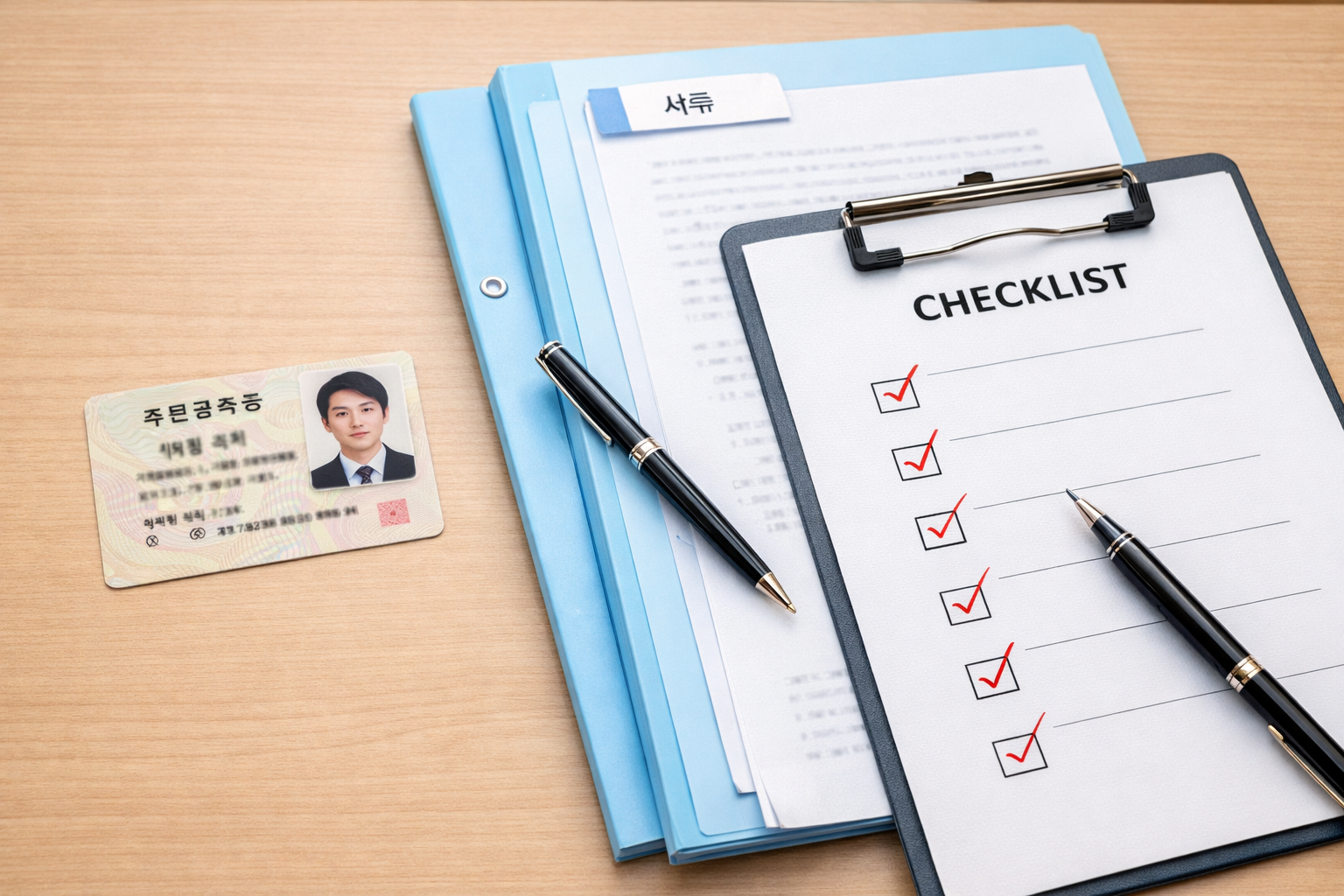 신분증, 서류 파일, 체크리스트가 놓인 책상 사진