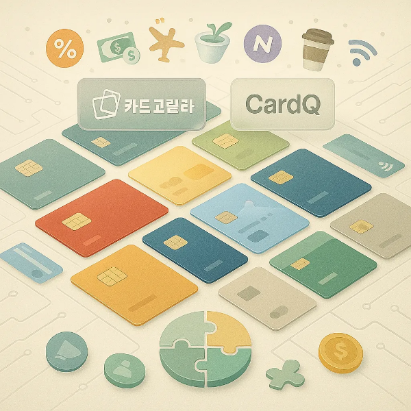 다양한 디자인의 신용카드가 테이블 위에 컬러 타일처럼 정렬되어 있고, 카드 혜택 아이콘과 비교 플랫폼 로고가 감각적으로 배치된 이미지