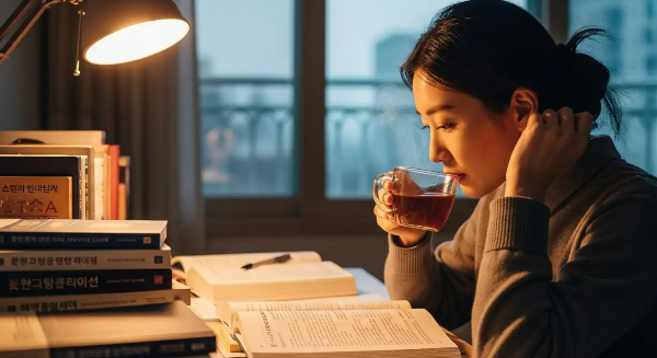 공부 중 따뜻한 구기자차를 마시고 있는 여성 모습