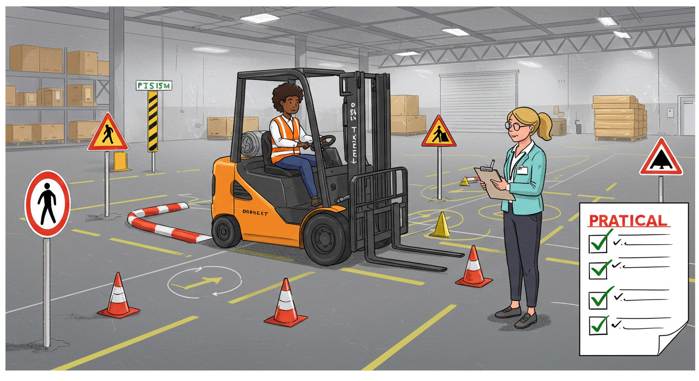 지게차운전기능사 시험을 보는운전자와 시험관