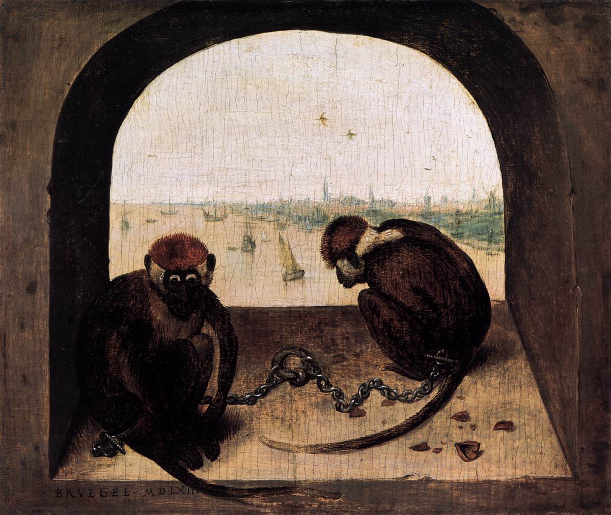 대 피터르 브뤼헐, <두 마리 원숭이>, 목판에 유화, 23X20cm, 1562년, 국립 베를린 회화 갤러리