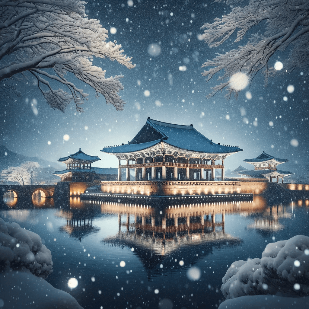 경주 동궁과 월지 겨울 눈내리는 밤 풍경