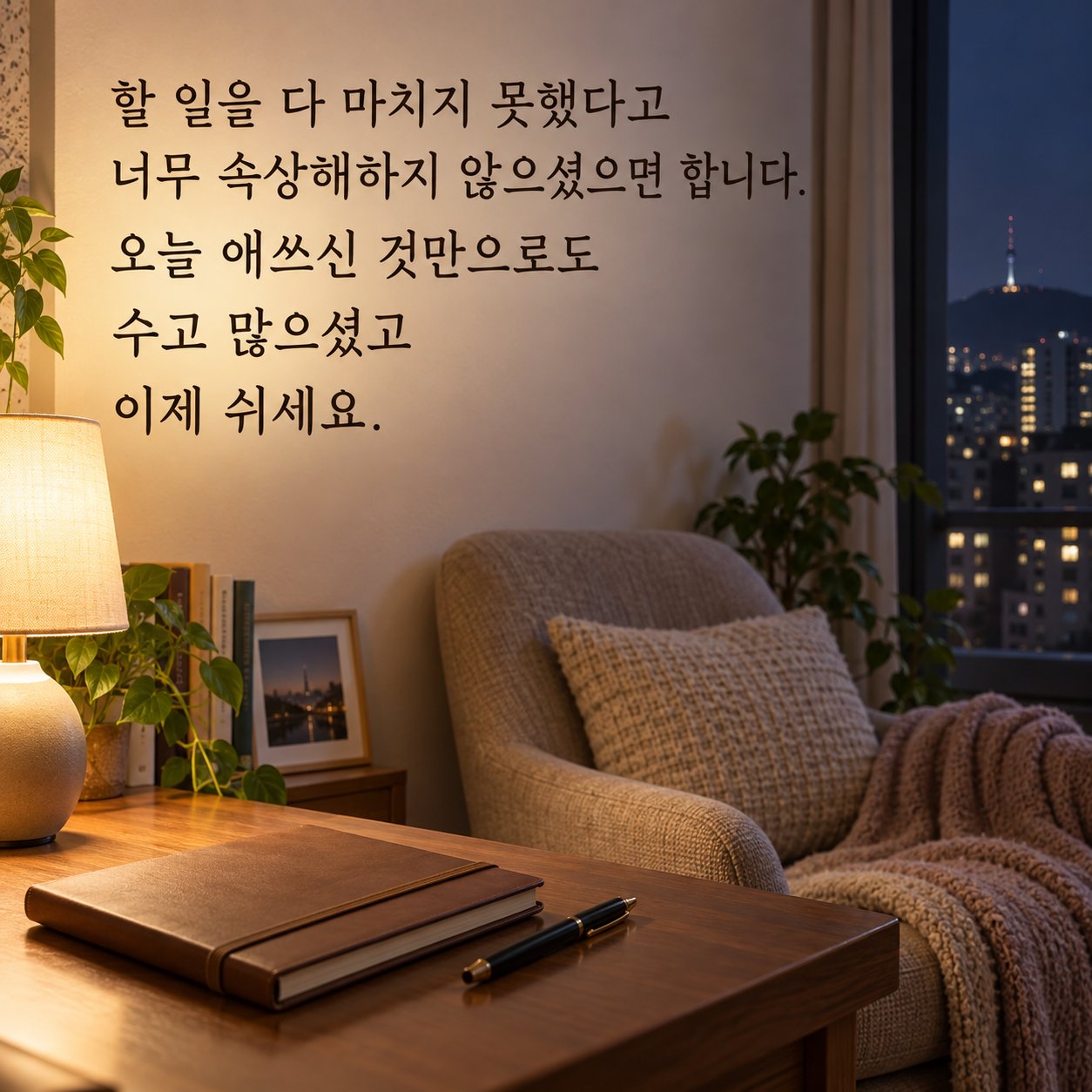 지친 마음을 위로하는 저녁 인사 이미지 23 — 할 일을 다 마치지 못했다고 너무 속상해하지 않으셨으면 합니다. 오늘 애쓰신 것만으로도 수고 많으셨고 이제 쉬세요.
