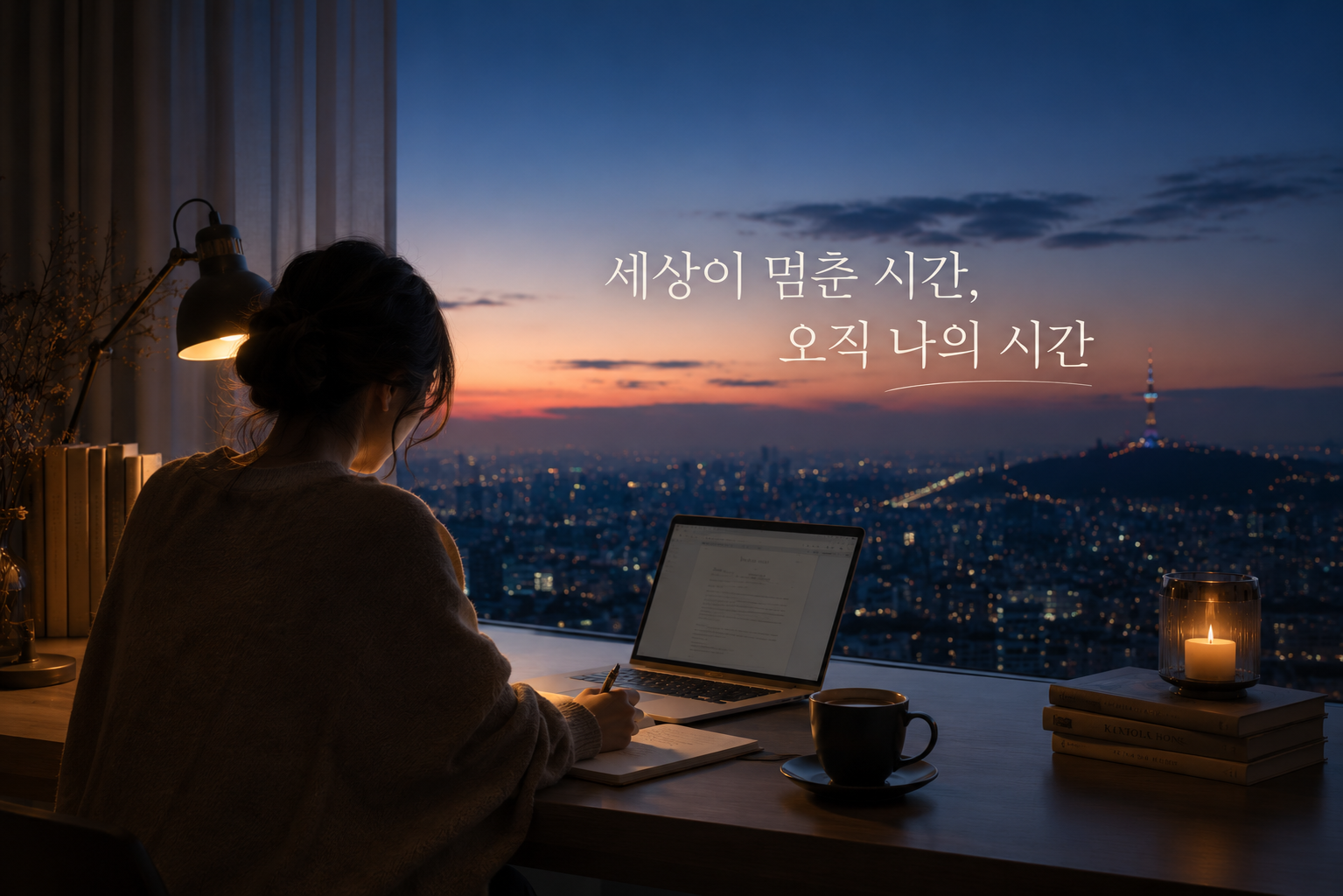 새벽 창가 책상에서 노트북으로 글을 쓰는 여성의 뒷모습.
따뜻한 스탠드 조명 아래 커피잔과 책들이 있고,
창 밖으로는 도시 야경이 펼쳐져 있으며,
"세상이 멈춘 시간, 오직 나의 시간"이라는 한글 문구가
우아하게 표기되어 있다.