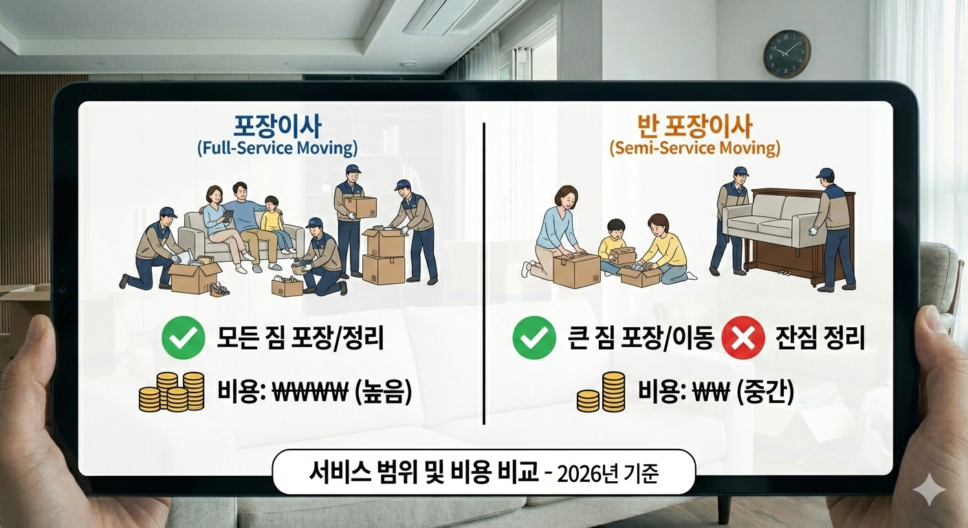 포장이사와 반포장이사의 서비스 범위와 비용 차이를 비교하는 이미지
