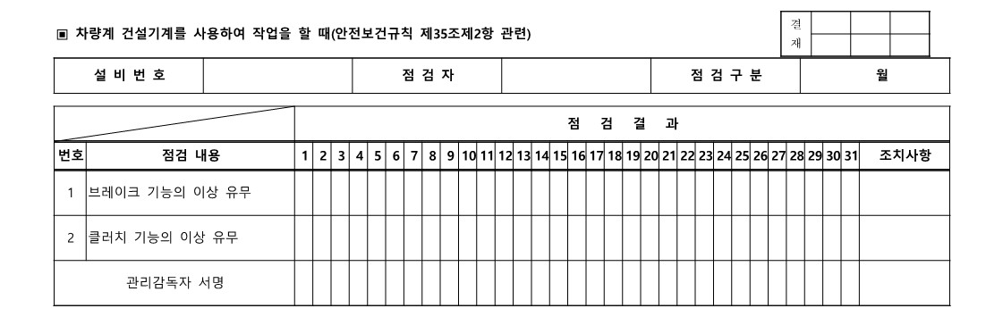 차량계 건설기계 작업시작 전 점검표