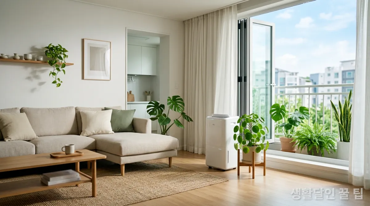 환기가 잘 되고 쾌적한 한국 아파트 거실, 곰팡이 예방 생활 습관을 나타내는 이미지